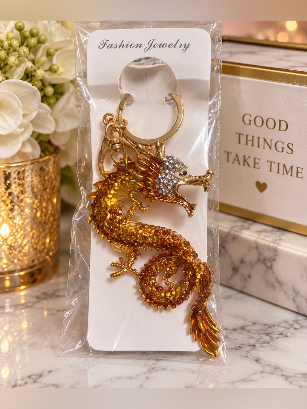 NWT Gold Dragon Rhinestone Keychain Bag Charm
